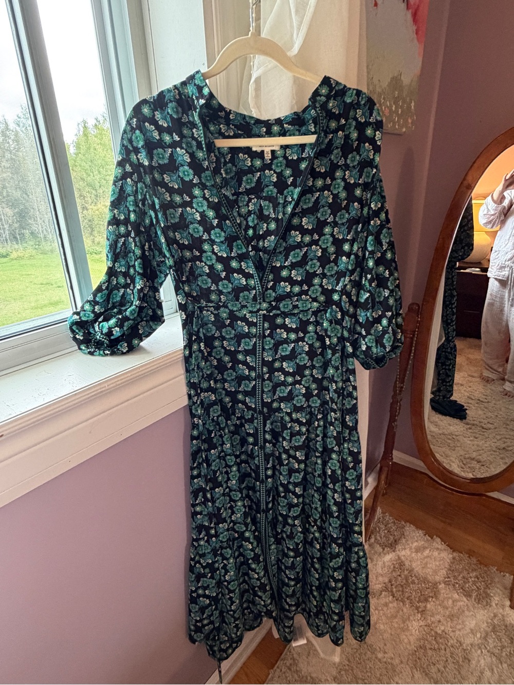 Floral Midi Dress with Puff Sleeves - Teal on Black